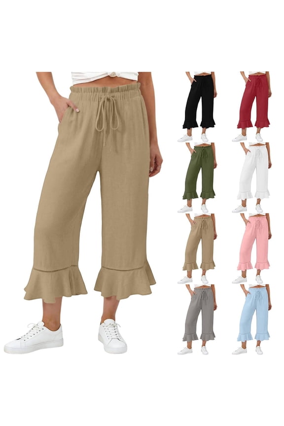 Petite Capris for Women Length Capri Pants Pull On High Waisted Wide Leg Ruffle Hem Cropped Pant Casual Drawstring Pants with Pockets Khaki L