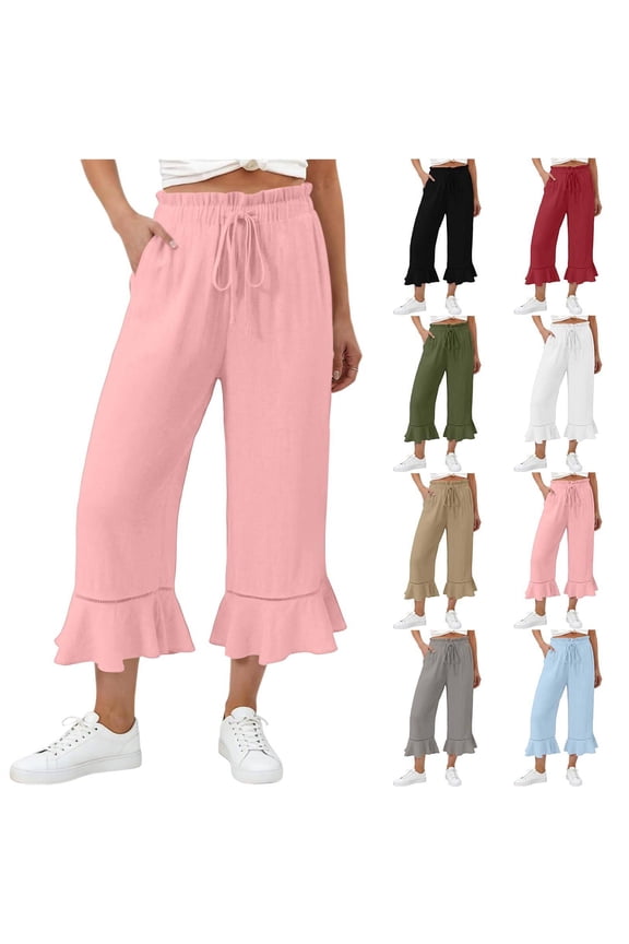 Petite Capris for Women Length Capri Pants Pull On High Waisted Wide Leg Ruffle Hem Cropped Pant Casual Drawstring Pants with Pockets Pink 2XL