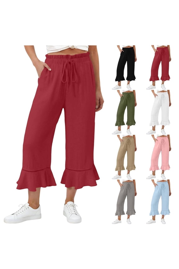 Petite Capris for Women Length Capri Pants Pull On High Waisted Wide Leg Ruffle Hem Cropped Pant Casual Drawstring Pants with Pockets Red S