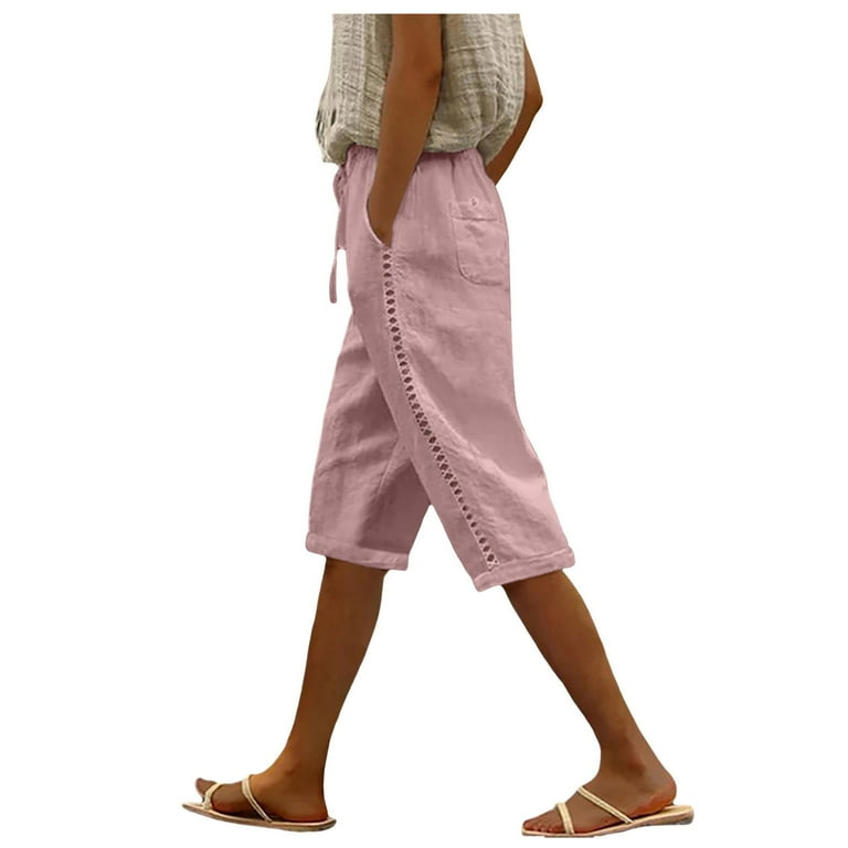 Petite Capris for Women Petite Length Stretchy Mid Waisted 7 8th Pants Lounge Solid Color Summer Pop Pant Retro Yoga Pants with Pocket Pink 2 S