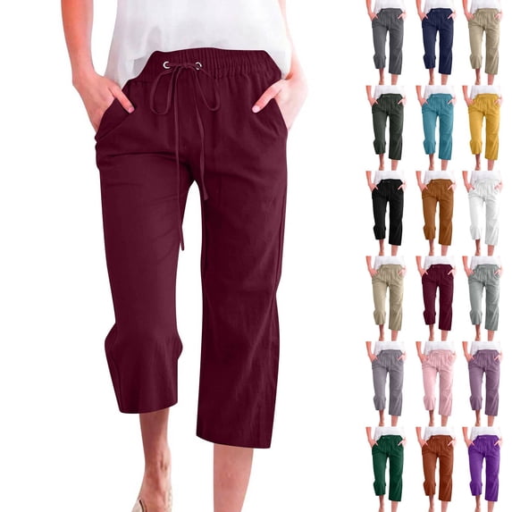Petite Capris for Women with Pockets 2026 Summer Drawstring Elastic High Waist Casual Capris Straight Wide Leg Cotton Linen Pants Deep Red L