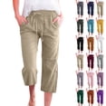 thumbnail image 1 of Petite Capris for Women with Pockets 2026 Summer Drawstring Elastic High Waist Casual Capris Straight Wide Leg Cotton Linen Pants Khaki S, 1 of 5