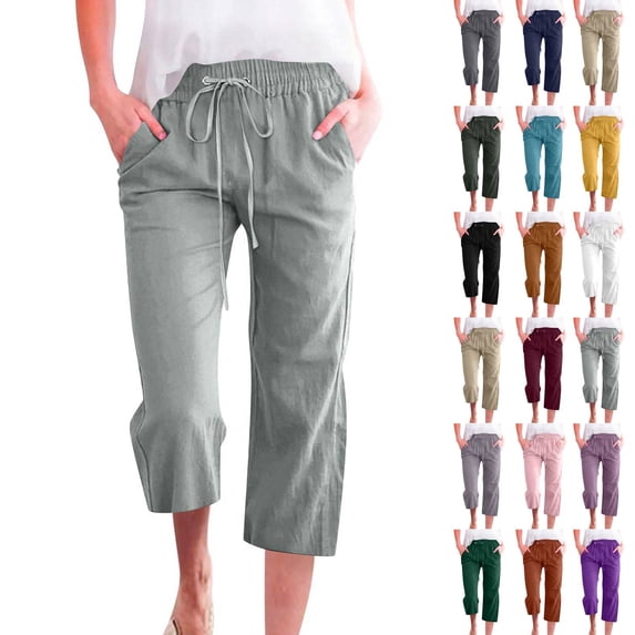 Petite Capris for Women with Pockets 2026 Summer Drawstring Elastic High Waist Casual Capris Straight Wide Leg Cotton Linen Pants Mint Green S