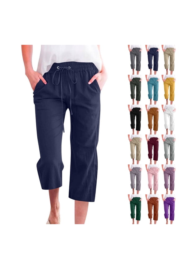 Petite Capris for Women with Pockets 2026 Summer Drawstring Elastic High Waist Casual Capris Straight Wide Leg Cotton Linen Pants Navy XL