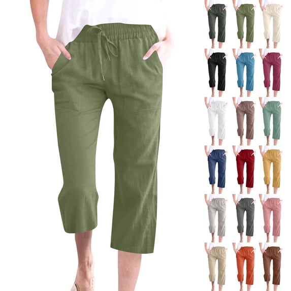 Petite Capris for Women with Pockets Below Knee Summer Casual Cotton Linen Pants Straight Leg Vacation Beach Crop Pant with Pockets Green 3XL
