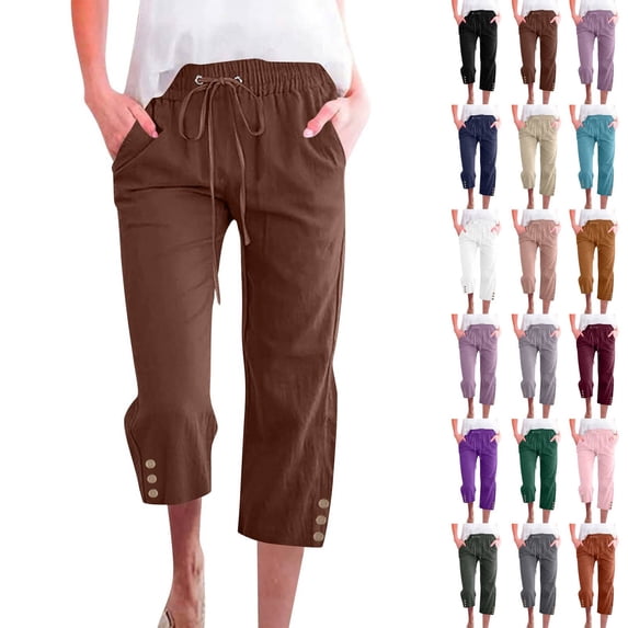 Petite Capris for Women with Pockets Linen Plus Size Petite Summer 2026 Casual Straight Wide Leg Loose Drawstring Elastic Waist Coffee M