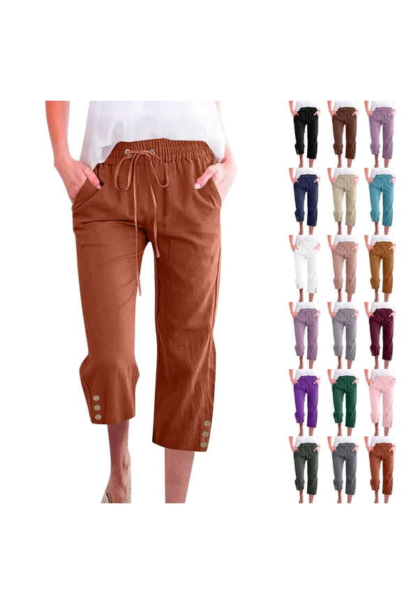 Petite Capris for Women with Pockets Linen Plus Size Petite Summer 2026 Casual Straight Wide Leg Loose Drawstring Elastic Waist Light Brown 3XL