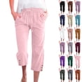 thumbnail image 1 of Petite Capris for Women with Pockets Linen Plus Size Petite Summer 2026 Casual Straight Wide Leg Loose Drawstring Elastic Waist Pink L, 1 of 8