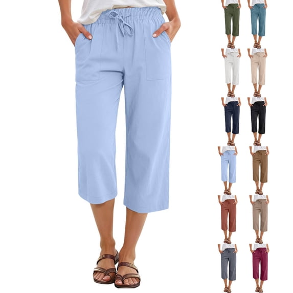 Petite Capris for Women with Pockets Loose Fit Straight Leg Drawstring Elastic Waist Cropped Pant Casual Summer Linen Clothes Blue 2XL
