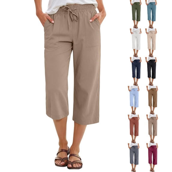 Petite Capris for Women with Pockets Loose Fit Straight Leg Drawstring Elastic Waist Cropped Pant Casual Summer Linen Clothes Khaki 2XL