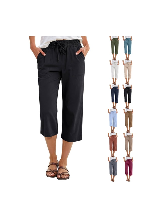Petite Capris for Women with Pockets Summer Casual Loose Drawstring Elastic High Waist Straight 2026 Lounge Beach Cropped Trousers Black L