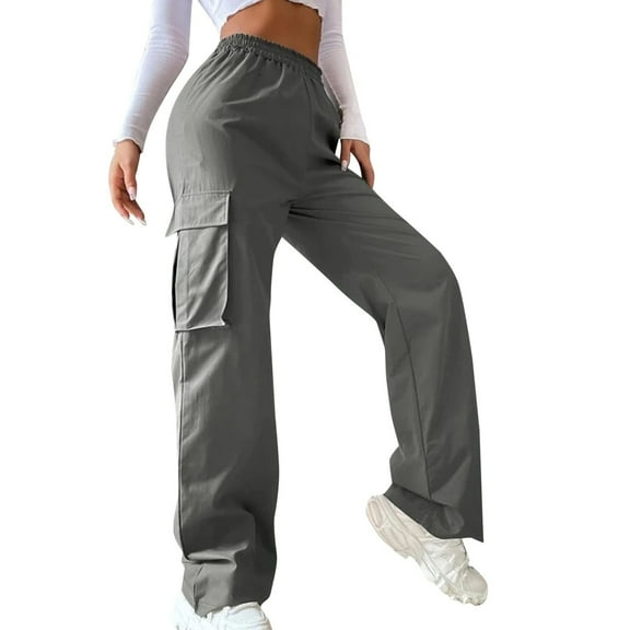 Petite Cargo Pants For Women High Waisted Trendy Lightweight Joggers Elastic Straight Leg with Pocket Casual Baggy Pants Dark Gray L