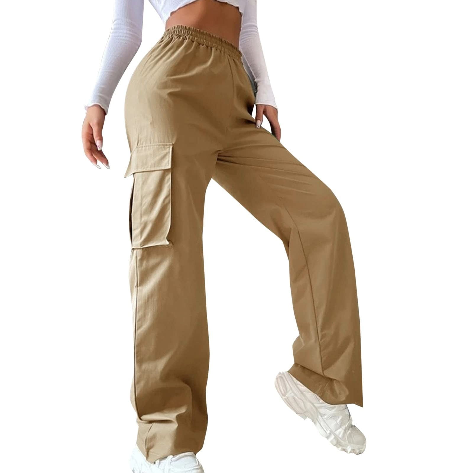 Petite Cargo Pants For Women High Waisted Trendy Lightweight Joggers Elastic Straight Leg with Pocket Casual Baggy Pants Khaki L