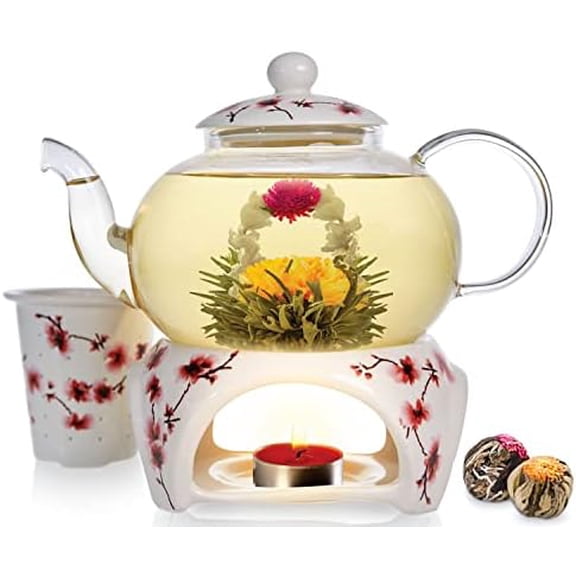 Petite Cherry Blossom Teapot & Flowering Tea Gift Set - Glass Teapot (27 OZ / 2-3 Cups), Porcelain Lid, Loose Tea Infuser, Tea Warmer + Candle, 2 Flowering Teas$$Home Decor, Kitchen, & Other