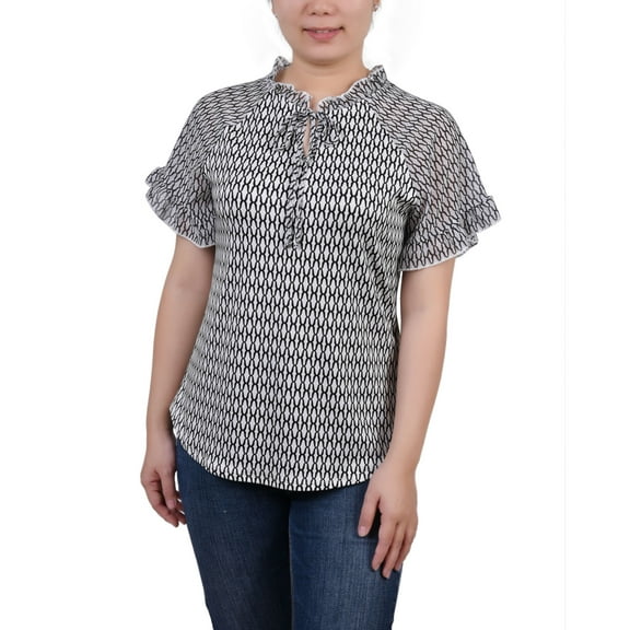 Petite Chiffon Short Ruffled Sleeve Crepe Knit Top Justin Print PL