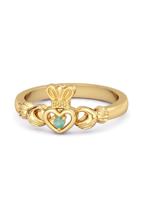 Petite Claddagh 0.10 Ctw Emerald 925 Sterling Silver Gold Vermeil Crown Wedding Ring