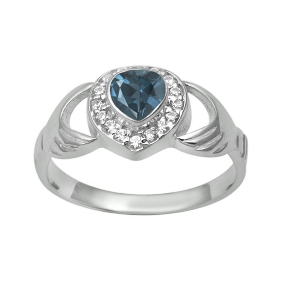Petite Claddagh 5mm Heart Swiss Blue Topaz 925 Sterling Silver Valentines Day Gifts Ring