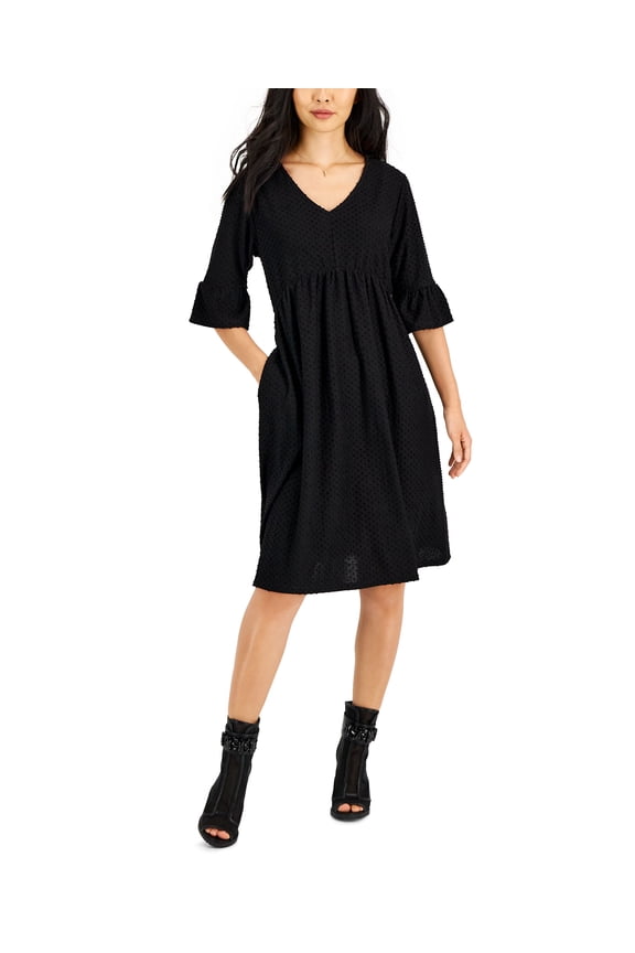 Petite Clip Dot Flared-Sleeve A-Line Dress Black PM