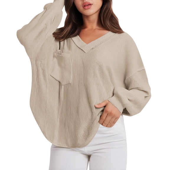 Petite Clothing for Women Knit Pocket Puff Sleeves Loose Fit Tunic Elegant Style Plus Size Womens Clothing,Beige,L