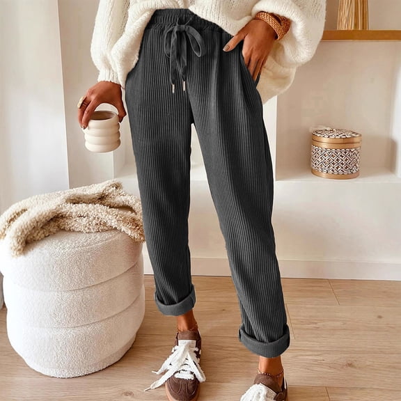 Petite Corduroy Pants for Women - Elastic High Waisted Straight Leg Palazzo Pant Casual Loose Comfy Fall Trousers Gray S