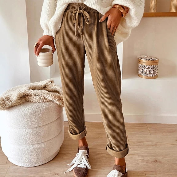 Petite Corduroy Pants for Women - Elastic High Waisted Straight Leg Palazzo Pant Casual Loose Comfy Fall Trousers Khaki 2XL