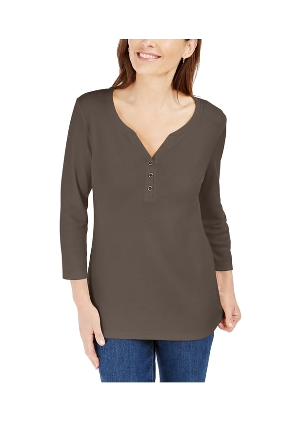 Petite Cotton 3/4-Sleeve Henley Top Brown Clay PXXL