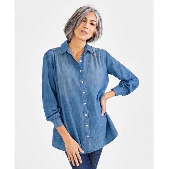 Petite Cotton Chambray Long-Sleeve Boyfriend Tunic Modern Wash PM