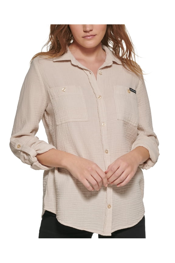 Petite Cotton Crepe Button-Front Shirt Birch PM
