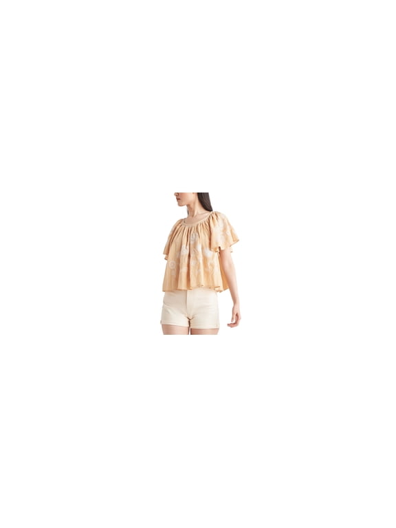 Petite Cotton Embroidered Flutter-Sleeve Top Peach PS