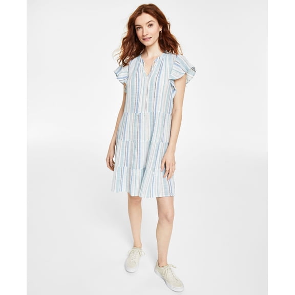 Petite Cotton Gauze Tie-Neck Tiered Dress Melon White PS