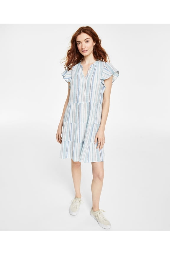 Petite Cotton Gauze Tie-Neck Tiered Dress Melon White PS