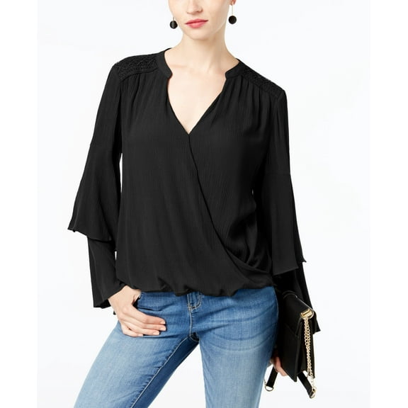 INC Petite Crepe Surplice Top Deep Black PS