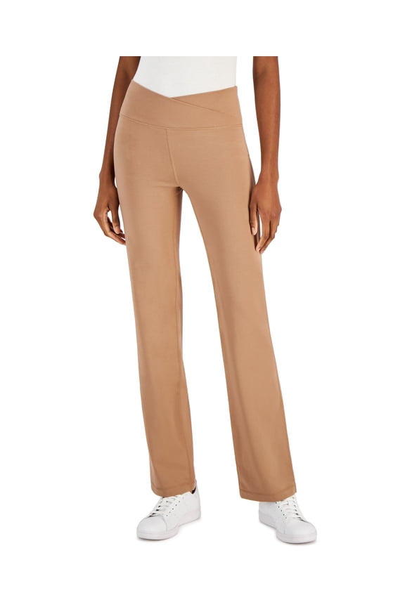 Petite Criss-Cross-Waistband Flare-Leg Pant Tan PM