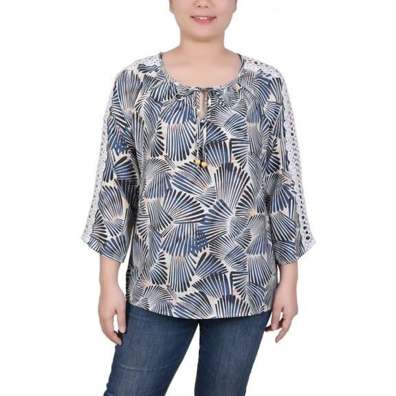 Petite Crochet Detail 3/4 Sleeve Blouse Cream Navy Peach Shell PS