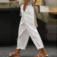 thumbnail image 1 of Petite Cropped Pant Women Casual Lightweight Pull On Wide Leg Drawstring Elastic Waist Summer Beach Pants with Pockets 23" 24" Inseam White S, 1 of 7