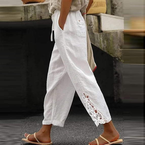 Petite Cropped Pant Women Casual Lightweight Pull On Wide Leg Drawstring Elastic Waist Summer Beach Pants with Pockets 23" 24" Inseam White S