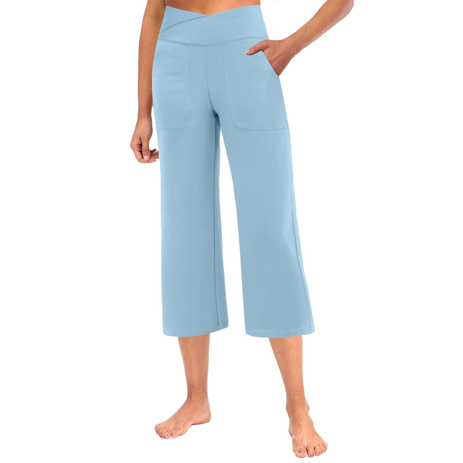 Cotton Capri Yoga Pants for Women Petite Stretchy Cross Waisted 7/8 ...