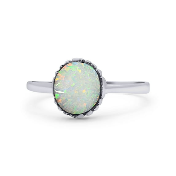 Petite Dainty Oxidized Ring Round Lab Created White Opal Solid Sterling Silver Size 9