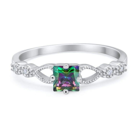 Petite Dainty Princess Cut Ring Rainbow CZ 925 Sterling Silver Size 10