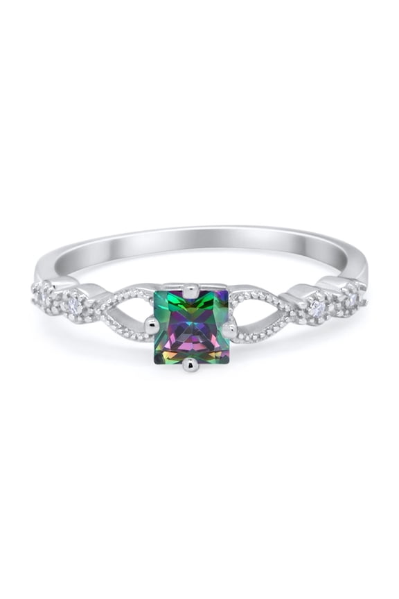 Petite Dainty Princess Cut Ring Rainbow CZ 925 Sterling Silver Size 5