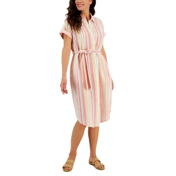 Petite Double Gauze Woven Striped Shirtdress Aloe Stripe White PXL