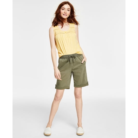 Petite Drawstring Ribbed-Waistband Cuffed Shorts Olive Drab PS