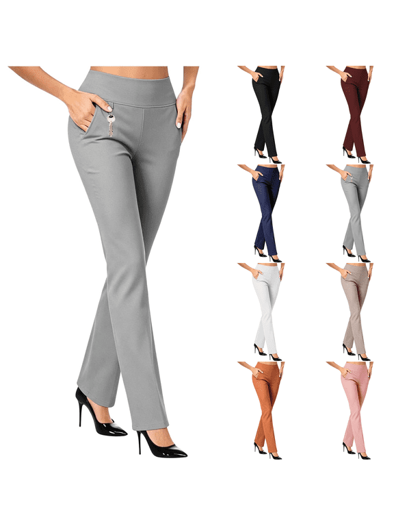Petite Dress Pants for Short Women Pull On High Waist Work Bootcut Slacks Stretch Pants with Pockets for Women Lightweight Breathable Business Casual Office Waitress Trousers Gray L
