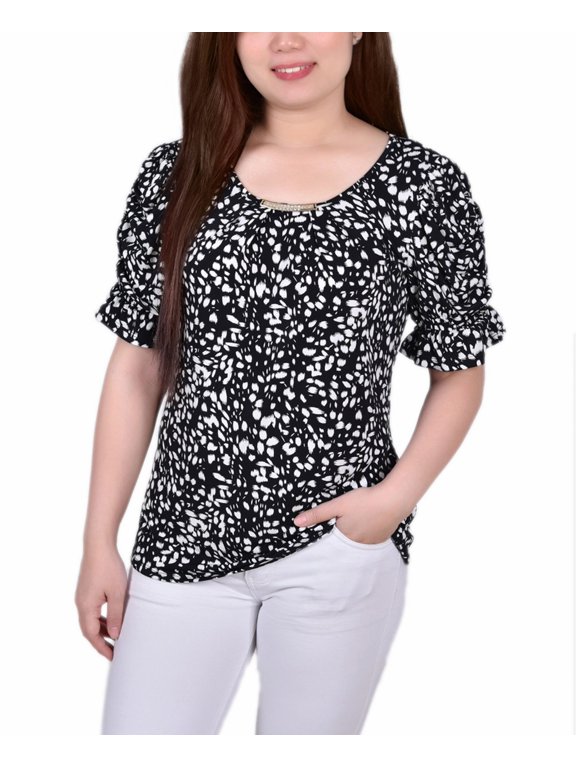 Petite Elbow Cuffed Sleeve Hardware Top Ivory Flower PXL