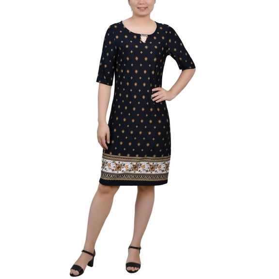 Petite Elbow Sleeve Knee Length Dress with Hardware Navy Taupe Floral PS