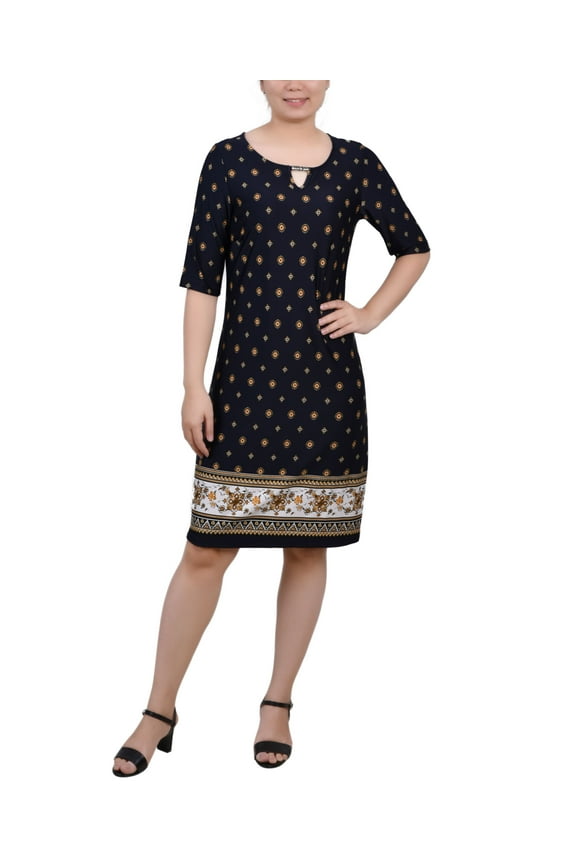 Petite Elbow Sleeve Knee Length Dress with Hardware Navy Taupe Floral PS