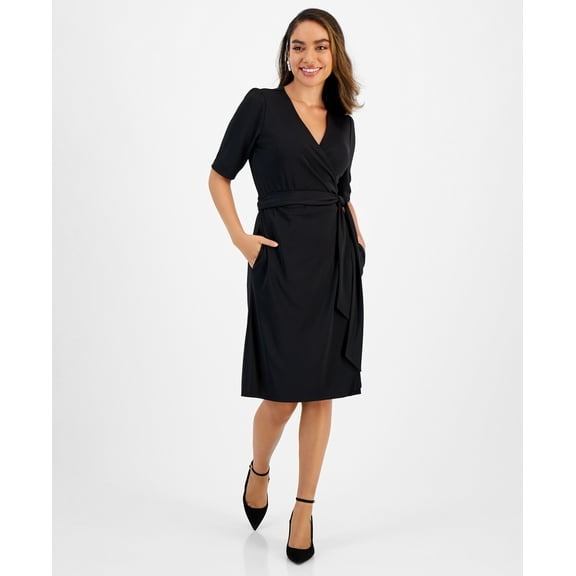 Petite Elbow-Sleeve Wrap-Style Dress Deep Black PS