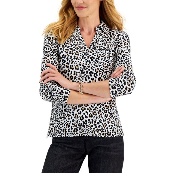 Petite Feline Spots Print Top Bright White Combo PXXS