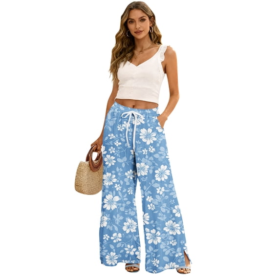 Petite Floral Print Palazzo Pants for Women High Waist Wide Leg Dressy Beach Vacation Trousers Light Blue L