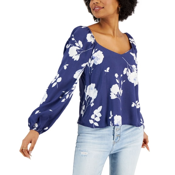 Petite Floral-Print Peasant Blouse Navy PL